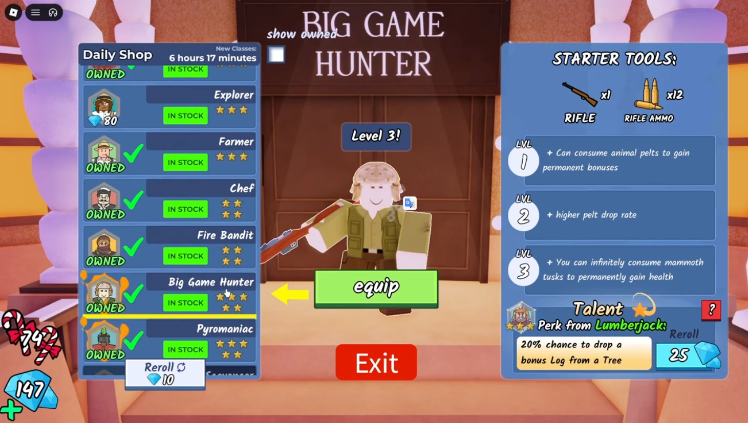 99 Nights in the Forest Class Selection Interface